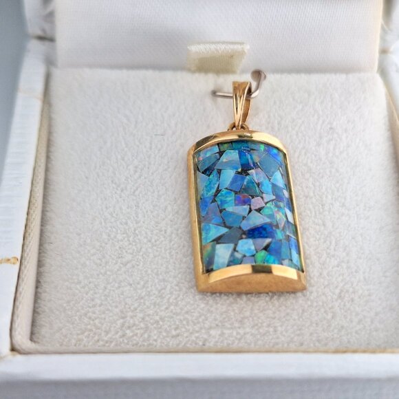 Vintage Genuine Mosaic Opal set in 14K Gold Pendant - Picture 7 of 12
